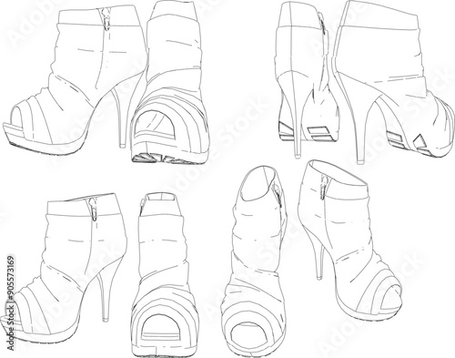 Vector sketch illustration of modern unique women's fashion sandals shoe design for models 