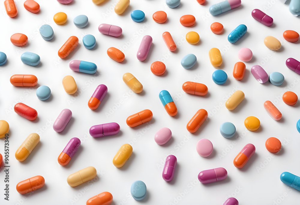 Vibrant white background with various medications and pills for wellness Vibrant white background with various medications and pills for wellness