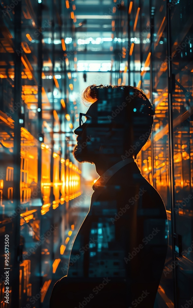 Silhouette of a logistics manager in an advanced tech environment, innovationfocused, soft backlight, eyelevel angle, photo realistic Silhouette of a logistics manager in an advanced tech environment, innovationfocused, soft backlight, eyelevel angle, photo realistic