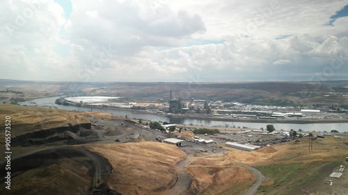 Aerial of industrial plants along Clearwater river in Lewiston Idaho photo