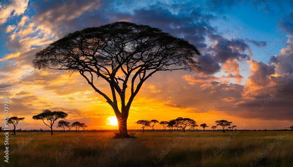 Obraz premium Panorama silhouette tree in africa with sunset.Tree silhouetted against a setting sun reflection on water.Typical african sunset with acacia trees in Masai Mara, Kenya.