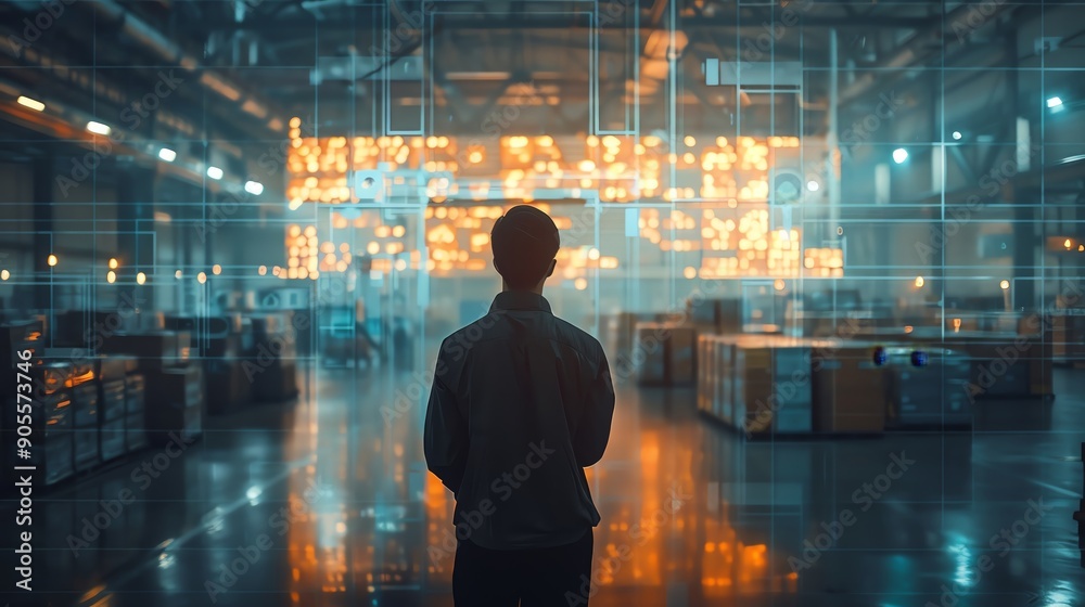 Silhouette of a logistics manager overseeing automated technology in a warehouse, dusk lighting, high angle, photo realistic Silhouette of a logistics manager overseeing automated technology in a warehouse, dusk lighting, high angle, photo realistic
