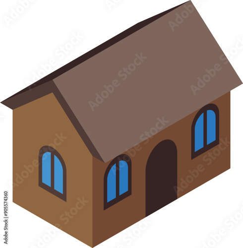 Isometric icon representing a family home with arched windows and doors, useful for architecture or real estate projects