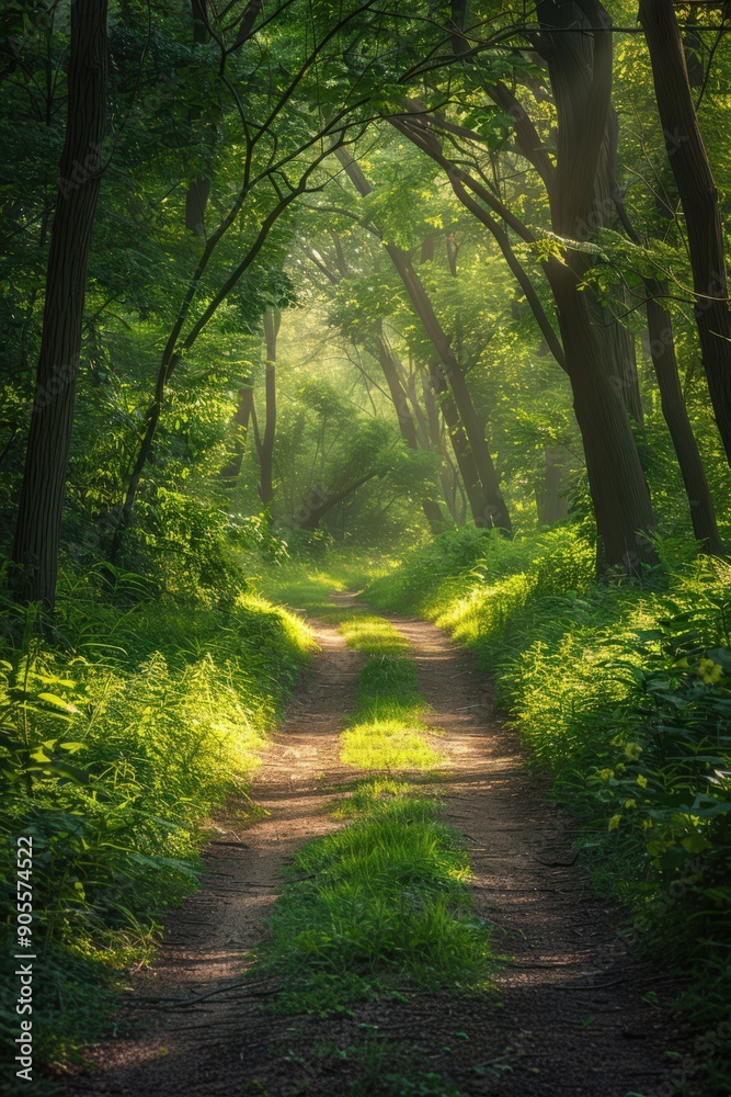 Obraz premium Sunlit Forest Path with Lush Greenery and Tall Trees in a Serene Woodland Setting