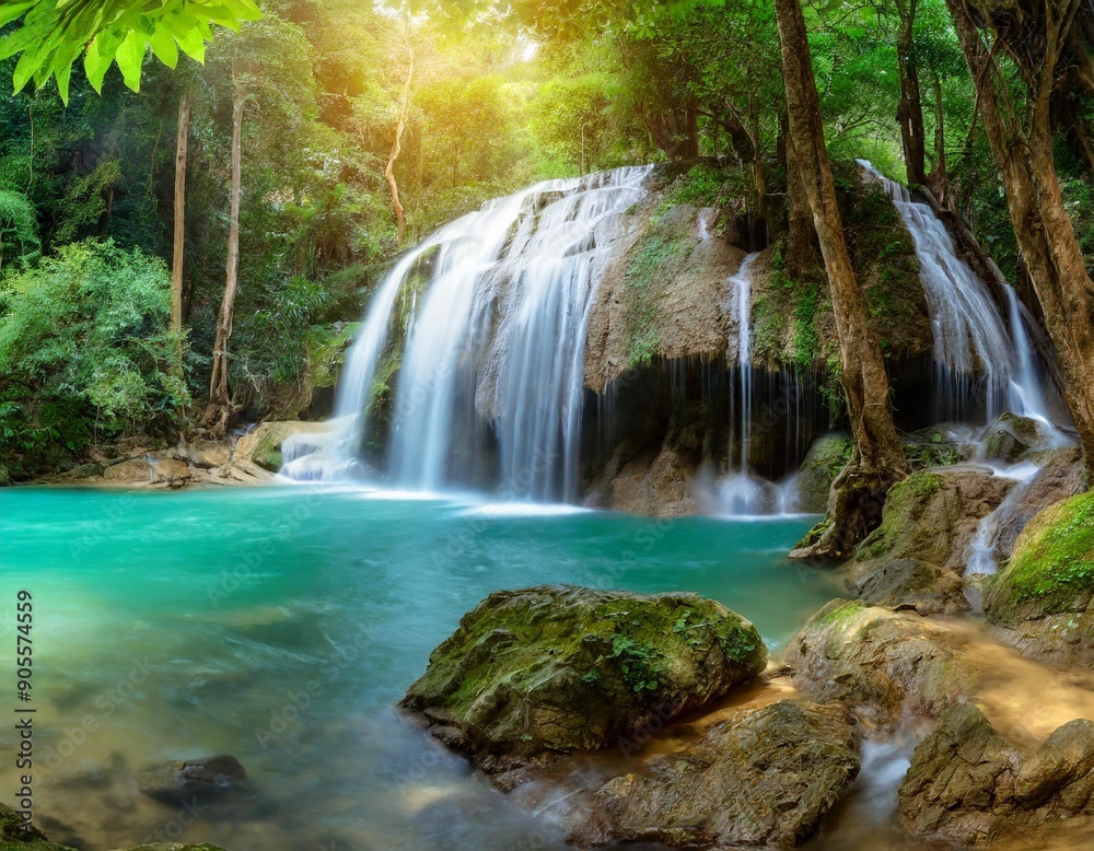 Naklejka premium Panoramic beautiful deep forest waterfall in Thailand