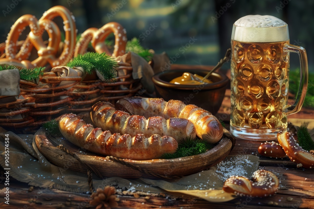 German Beer and Pretzel Feast on Rustic Table German Beer and Pretzel Feast on Rustic Table