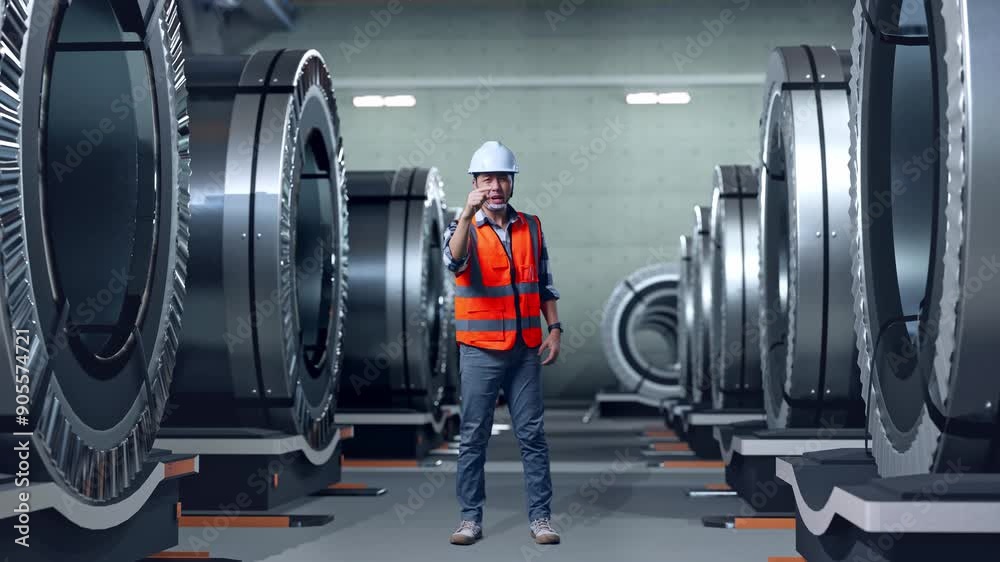 Full Body Of Angry Asian Male Engineer With Safety Helmet Shouting At Someone While Standing In Metal Factory Full Body Of Angry Asian Male Engineer With Safety Helmet Shouting At Someone While Standing In Metal Factory