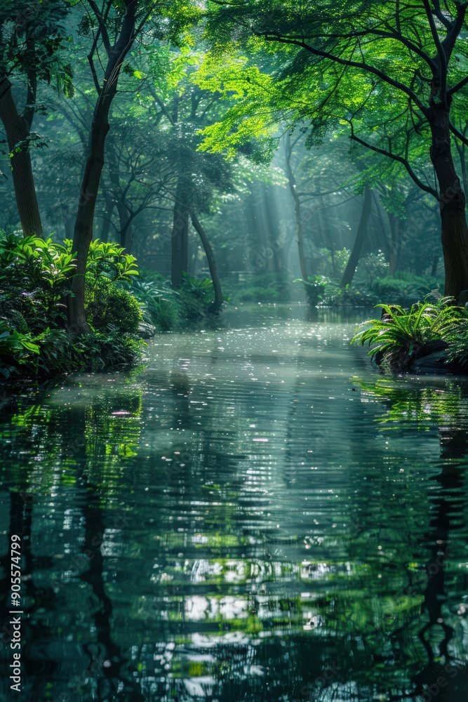 Fototapeta premium Serene Forest Stream with Sunlight Filtering Through Lush Green Trees and Reflecting on Calm Water