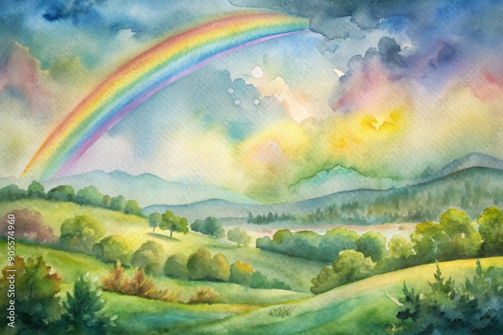 Majestic rainbow arching over lush green hills under vibrant clouds at golden hour Majestic rainbow arching over lush green hills under vibrant clouds at golden hour
