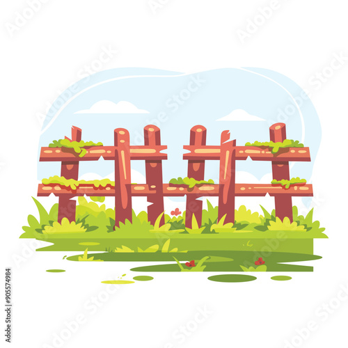 Wooden fence surrounded lush greenery under clear blue sky. Cartoon style garden fence illustration, vibrant colors, peaceful scenery. Bright sunny day cheerful landscape artwork