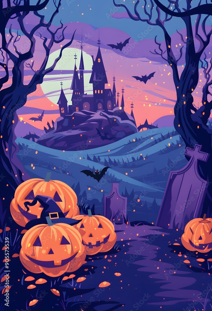 Fototapeta premium A spooky Halloween scene featuring jack-o’-lanterns, a witch’s hat, a haunted castle, graves, and bats under a full moon. The eerie atmosphere is perfect for a Halloween night