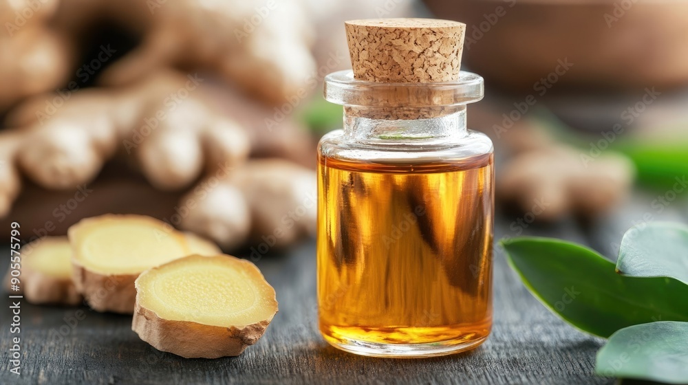 A bottle of ginger oil with fragrant slices of ginger. Perfect for wellness and culinary uses in a rustic setting. A bottle of ginger oil with fragrant slices of ginger. Perfect for wellness and culinary uses in a rustic setting.