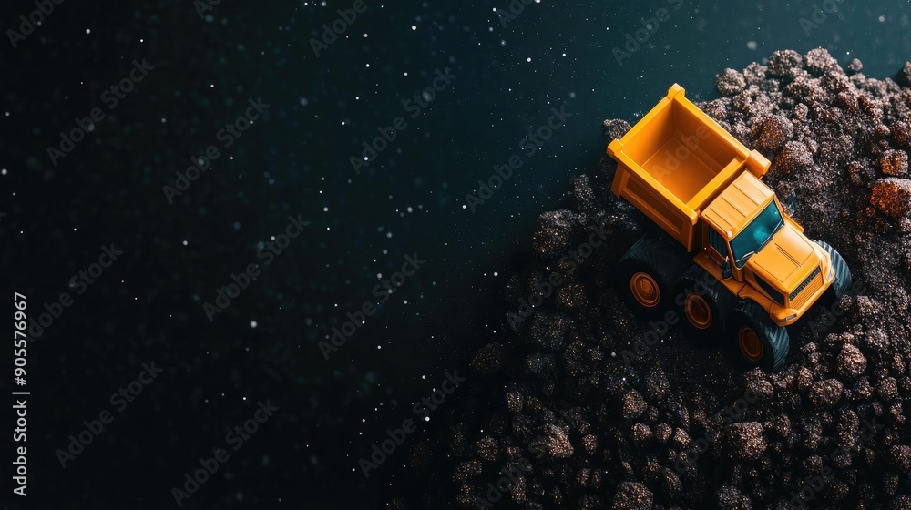 A vibrant yellow toy dump truck on a rocky surface, set against a dark, starry background, perfect for children's design projects. A vibrant yellow toy dump truck on a rocky surface, set against a dark, starry background, perfect for children's design projects.