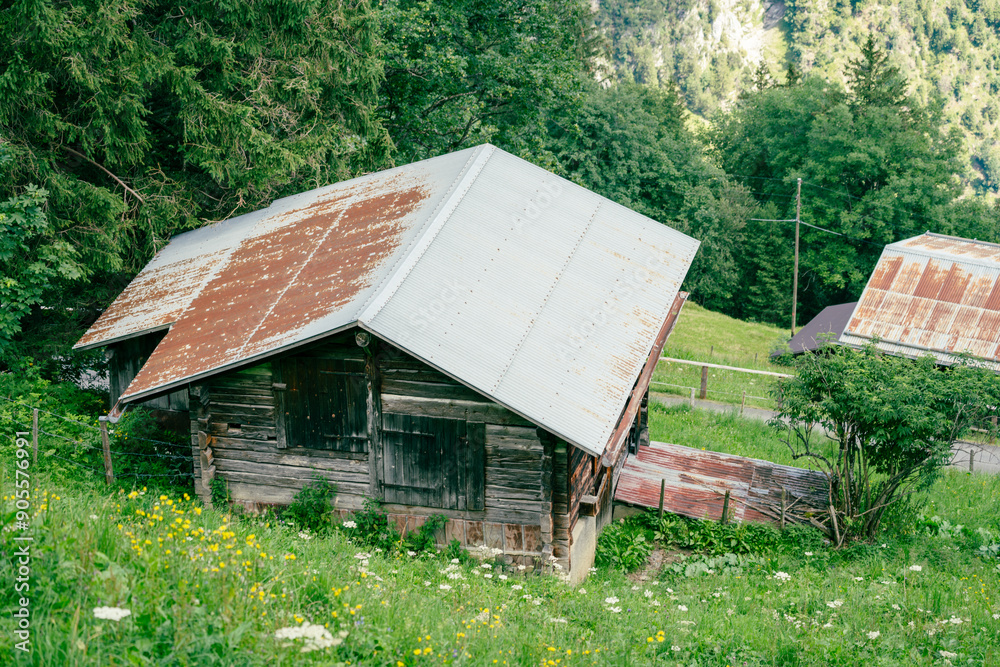Picturesque chalet or shack in Gimmelwald, Switzerland on the hillside, as seen from the Murren to Gimmelwald hike