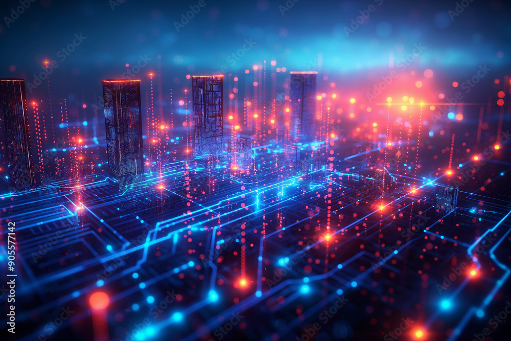 Futuristic digital cityscape glowing blue and red data network Futuristic digital cityscape glowing blue and red data network