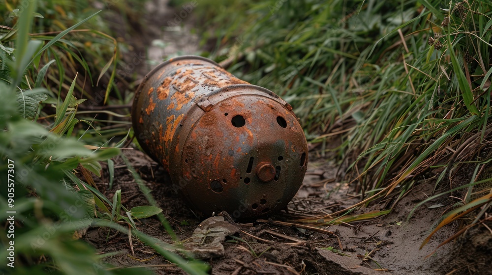 Rusty abandoned gas canister in a muddy ditch surrounded by grass and foliage, representing decay and environmental neglect. Rusty abandoned gas canister in a muddy ditch surrounded by grass and foliage, representing decay and environmental neglect.