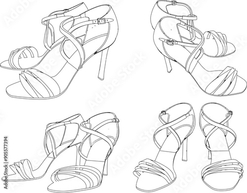 Vector sketch illustration of unique women's shoe sandal design with classic vintage ethnic details