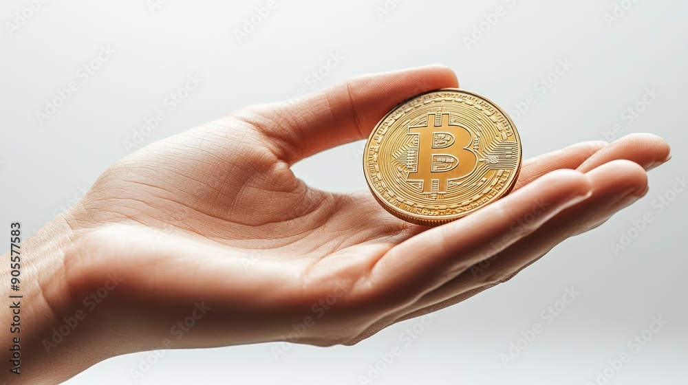 Fototapeta premium A hand holding a gold coin with the letter B on it, BTC Holder