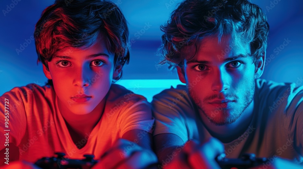 Obraz premium A father and his teenage son playing video games together, both engrossed in the action.