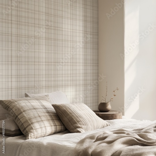 Fototapeta Naklejka Na Ścianę i Meble -  A bed with a white wall and a plaid wallpaper
