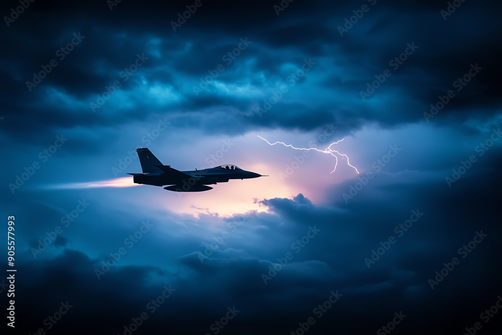 Fototapeta premium Combat aircraft flying through a thunderstorm, with lightning illuminating its silhouette