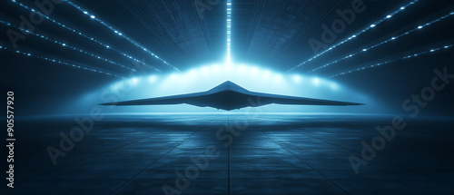 Advanced stealth bomber flying at high altitude, with a sleek and angular silhouette
