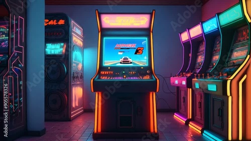 Classic 80s arcade games with neon lights and vintage gaming machines