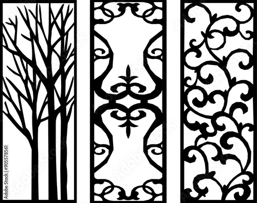 Vector sketch, illustration, silhouette image, detailed design, size, interior wardrobe partition, room divider, background pattern, classic floral, vintage, traditional ethnic