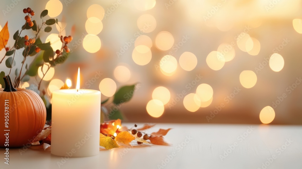A table set for a romantic dinner with fall themed decorations, including candles, pumpkins, and warm lighting, creating a cozy ambiance. A table set for a romantic dinner with fall themed decorations, including candles, pumpkins, and warm lighting, creating a cozy ambiance.