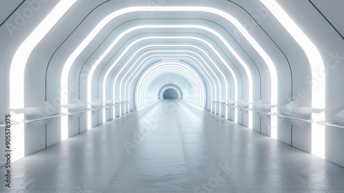Futuristic white tunnel with neon lights, creating an abstract and modern space for technological showcases