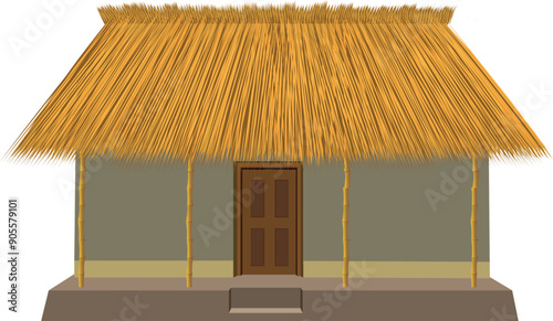 Indian hut with straw roof and clay wall house in cartoon style isolated on white background. 