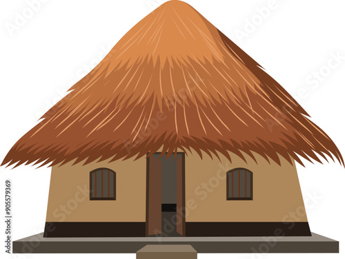 Village House Icon, Cartoon Style Stock Vector Illustration of farmer house, African rural village cottage  hut mud clay wall and straw thatched roof