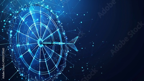Darts board with an arrow in the center Target in low poly style design Abstract blue geometric background Wireframe light connection structure Modern 3D graphic concept Isolated