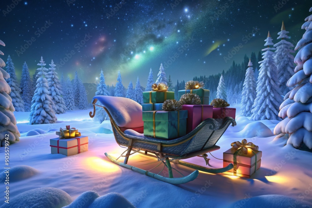 Fototapeta premium Magical winter night with sleigh full of colorful gifts under starry sky