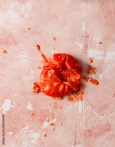 Crushed tomato on off-pink background. 
