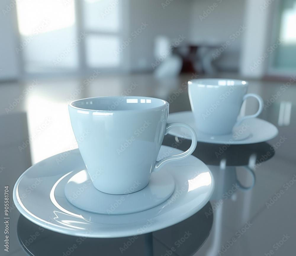 Modern interior with white cups on glossy table in bright room Modern interior with white cups on glossy table in bright room