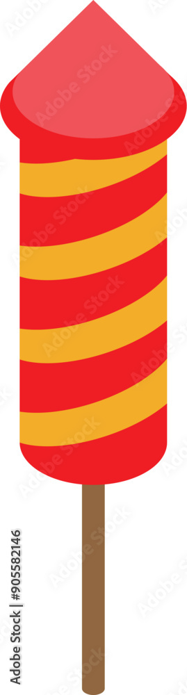 Naklejka premium Red and yellow firework rocket standing on wooden stick, ready to be lit up and create a beautiful pyrotechnic show
