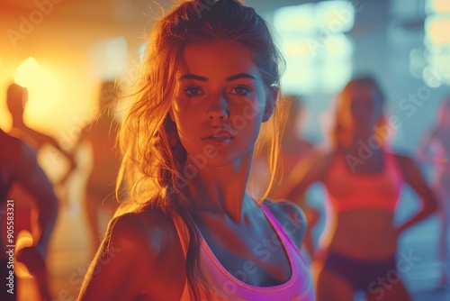 Young Woman in Fitness Class with Vibrant Lighting and Energetic Atmosphere, Focused on Health and Wellness