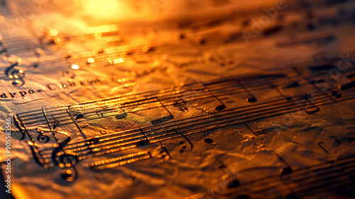 Close-up of a musical sheet with abstract, intricate notes and symbols photo