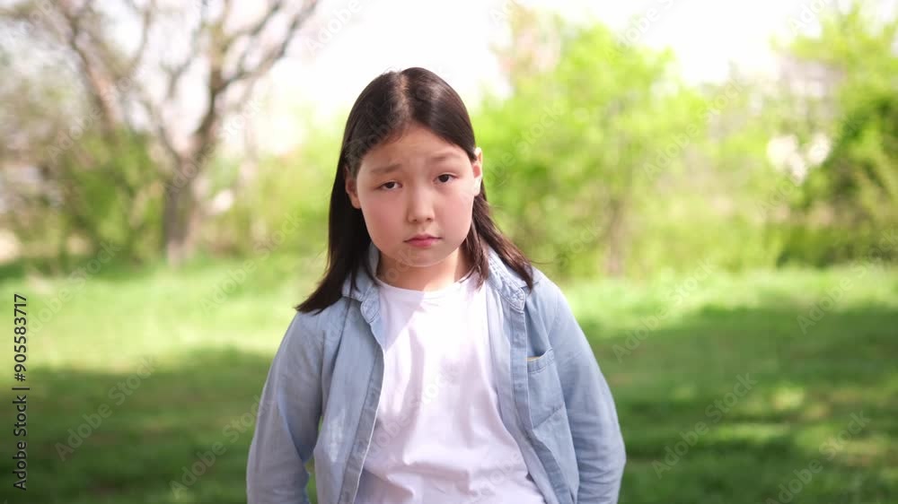 Asian girl in a light blue jacket and white shirt stands outdoors having fun in the park, with green grass and trees in the background Asian girl in a light blue jacket and white shirt stands outdoors having fun in the park, with green grass and trees in the background