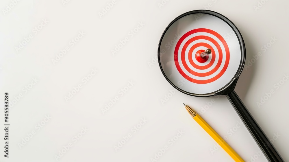 Target board inside a magnifier glass focusing on business objectives with white background and copy space Target board inside a magnifier glass focusing on business objectives with white background and copy space
