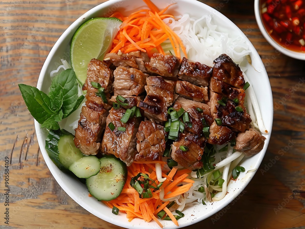 Bun Thit Nuong. The most popular Vietnamese dishes. Grilled pork served over vermicelli noodles with fresh vegetables and a fish sauce dressing. Bun Thit Nuong. The most popular Vietnamese dishes. Grilled pork served over vermicelli noodles with fresh vegetables and a fish sauce dressing.