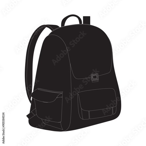 A black backpack silhouette with a front pocket and side pockets. Ideal for use in promotional materials, advertisements, and product illustrations.