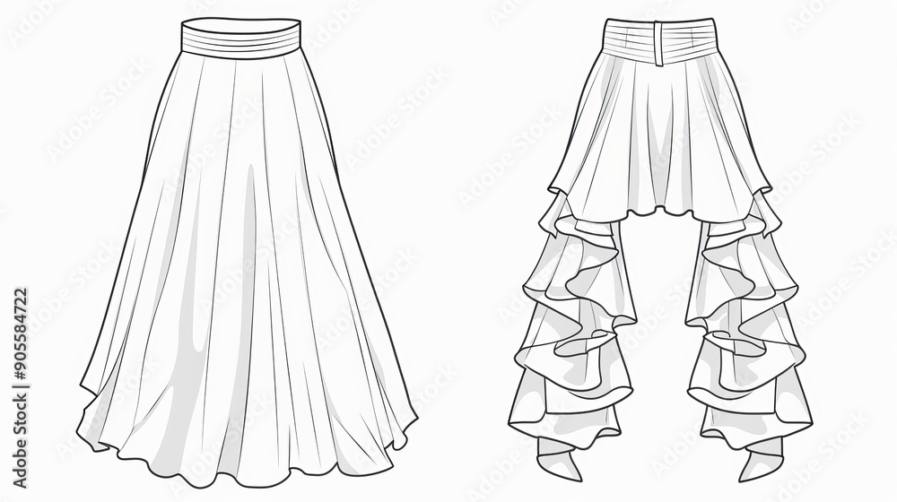 Technical flat sketch of a tiered long skirt Layered maxi skirt with a flounce hem Front and back apparel views Vector mockup template Technical flat sketch of a tiered long skirt Layered maxi skirt with a flounce hem Front and back apparel views Vector mockup template