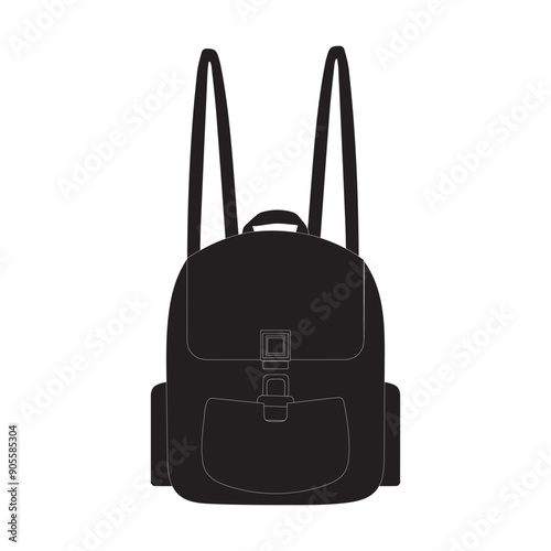 A black backpack silhouette with a front pocket and side pockets. Ideal for use in promotional materials, advertisements, and product illustrations.