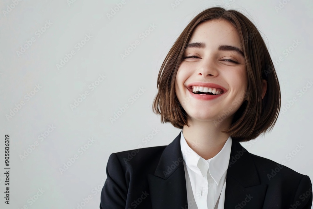 Smiling Young Professional Brunette Woman with Short Hair in Business Attire Against White Background, Portrait Shot Smiling Young Professional Brunette Woman with Short Hair in Business Attire Against White Background, Portrait Shot