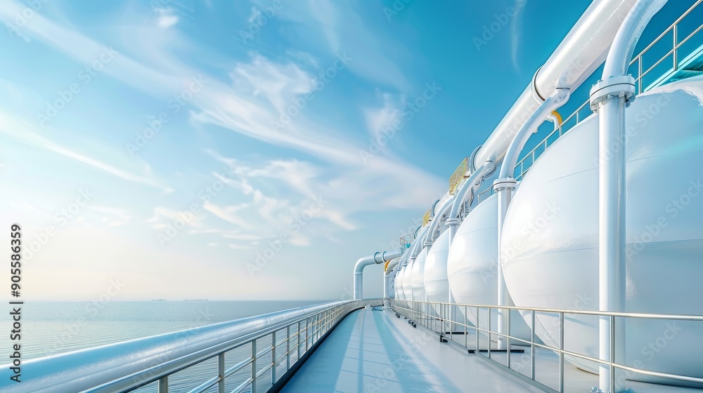 Fototapeta premium A view of a ship with a white railing and a sunset in the background