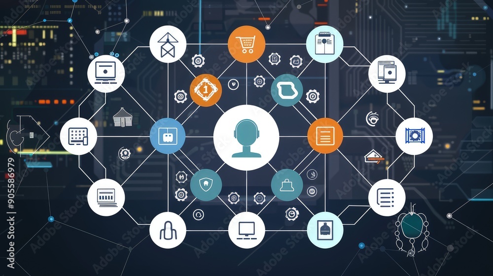 A conceptual diagram of a customer service automation platform, with icons for AI, machine learning, and robotic process automation connected in a flowchart. The style is clean and technological. A conceptual diagram of a customer service automation platform, with icons for AI, machine learning, and robotic process automation connected in a flowchart. The style is clean and technological.