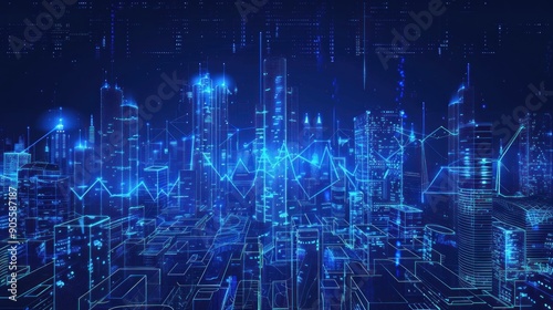 Wallpaper Mural Abstract futuristic city skyline with glowing hologram buildings on dark blue background Torontodigital.ca
