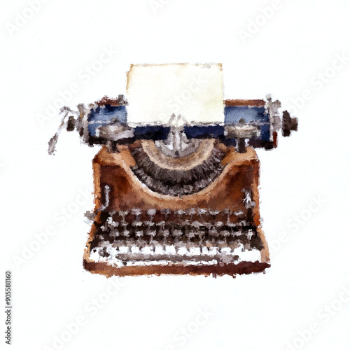 Watercolor Vintage Typewriter Hand Painted Illustration isolated on white background